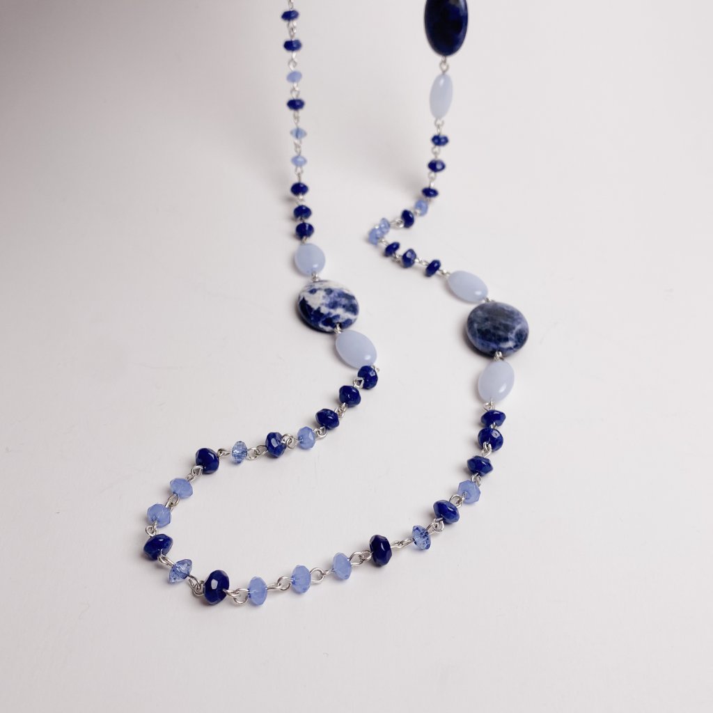 Chaps 38 Sodalite Gemstone Navy Blue Beaded Station Link Silver Tone Necklace 16$